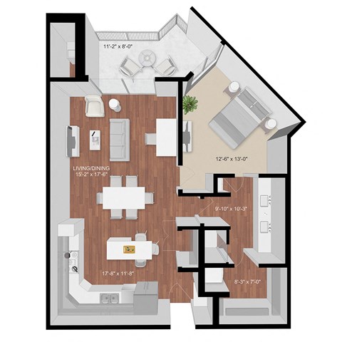 Floor plan for 1 bed, 1 bath, 940 sqft